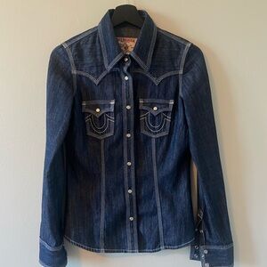 True Religion Dark blue denim jacket with white stitching & bling details. XS